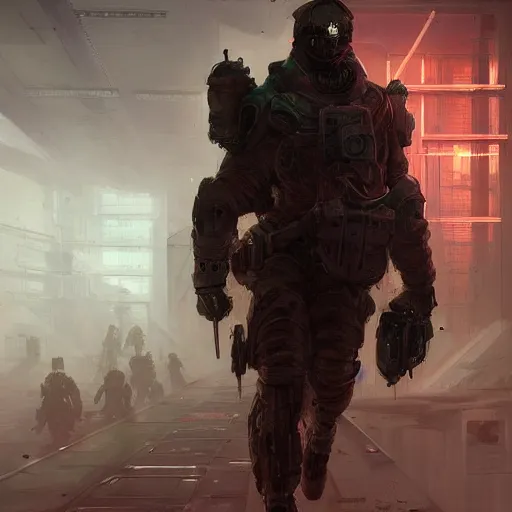 Image similar to concept art by greg rutkowski, soldiers in futuristic tactical gear, running around the outside of a space colony, futuristic, brutalistic environment, scifi, detailed and intricate environment, reddish lighting, stressful atmosphere, high technology, highly detailed portrait, digital painting, artstation, concept art, smooth, sharp foccus ilustration, artstation hq.