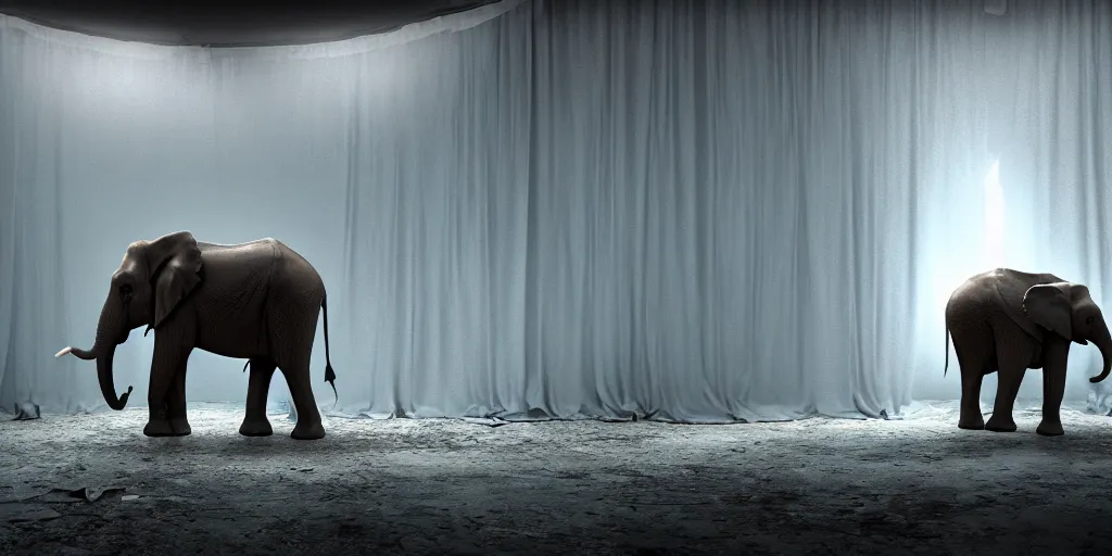 Prompt: an ominous translucent elephant in an abandoned circus tent, horror movie, octane render, unreal engine