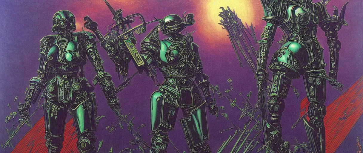 Prompt: composition of gothic and futuristic, warhammer, cyber armor, more and more scars, storm, blue head, red, green, purple, mouldy juiceб many mech flowers, the middle ages, highly detailed, artstation, in the style of moebius, jugendstil and classic japanese print, art by jean delville and rene magritte, maks ernst