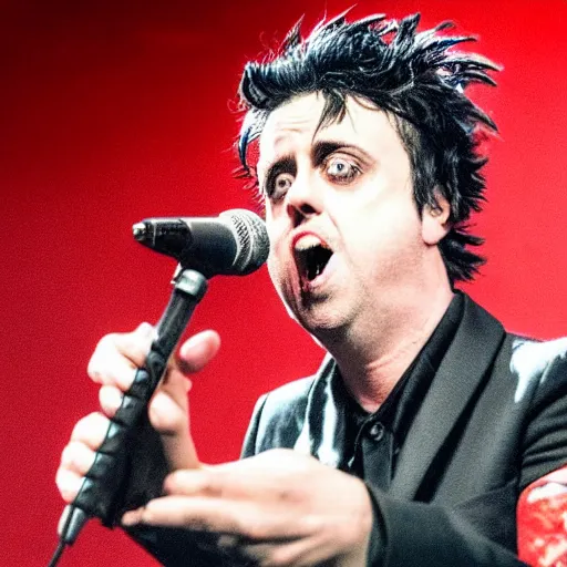 Image similar to Billie Joe from Green Day is singing into a pickle instead of a microphone, tabloid photo