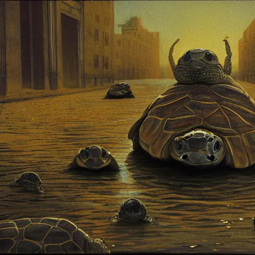 Prompt: turtles in burning fiat city, by Michael Sowa