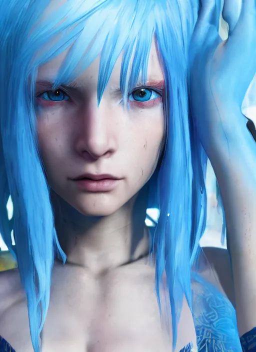 Image similar to beautiful young cyberpunk girl with blue hair, blue eyes, au naturel, hyper detailed, digital art, trending in artstation, cinematic lighting, studio quality, smooth render, fluorescent skin, unreal engine 5 rendered, octane rendered, art style by klimt and nixeu and ian sprigger and wlop and krenz cushart