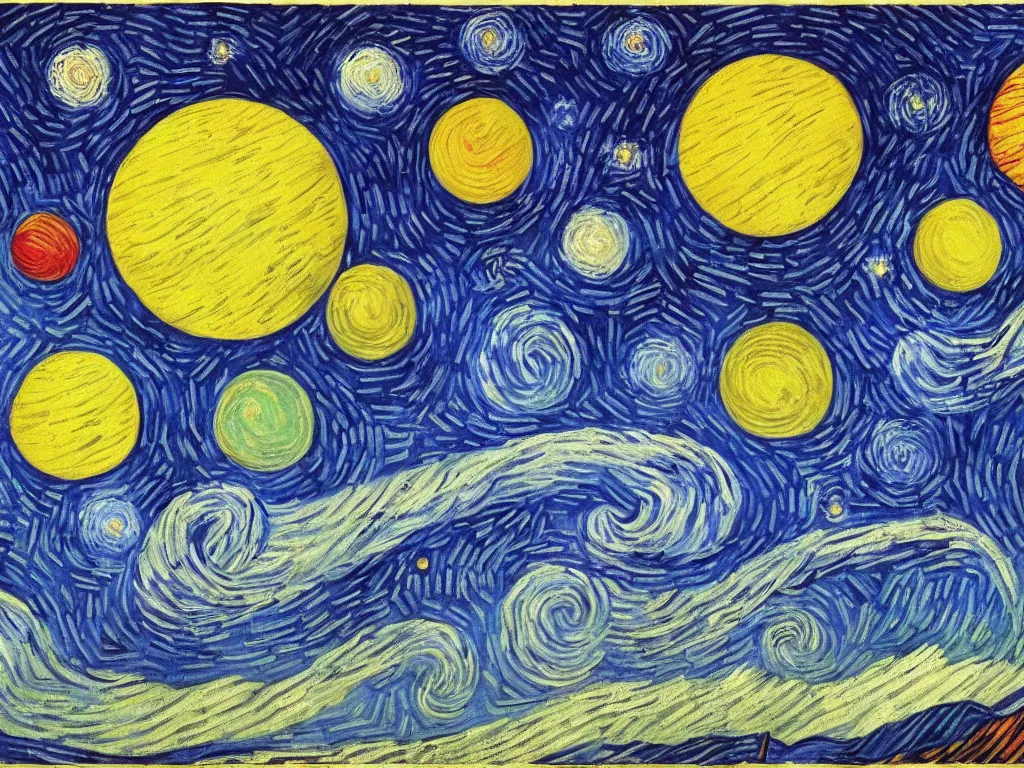 Prompt: A beautiful painting of a five planets by Gioele Muscolino Van Gogh, There are only five planets that are black, white, yellow, red, and blue, behind the galaxy and the universe, Trending on artstation, starry sky