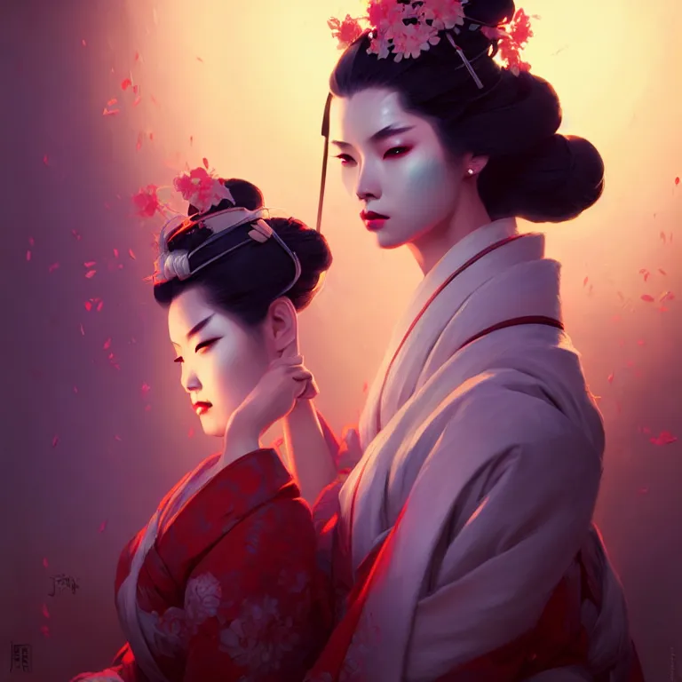 Image similar to pretty geisha, d & d digital painting, ultra realistic, beautiful, volumetric lighting, cell shading, by james jean, greg rutkowski, wlop