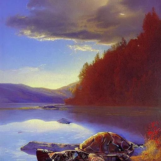 Prompt: mystical painting by Hans Dahl, giant turtle, dramatic lighting, beautiful, very detailed