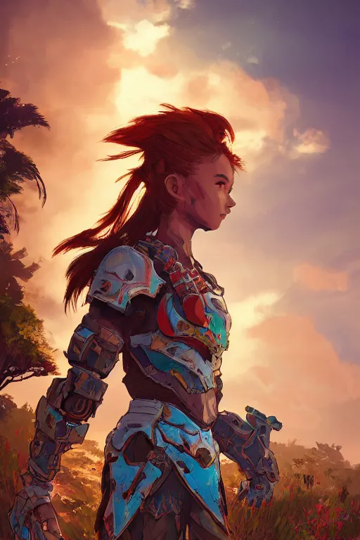 Image similar to combination suit armor aloy horizon forbidden west horizon zero dawn radiating a glowing aura global illumination ray tracing hdr fanart arstation by ian pesty and alena aenami artworks in 4 k tribal robot ninja mask helmet backpack