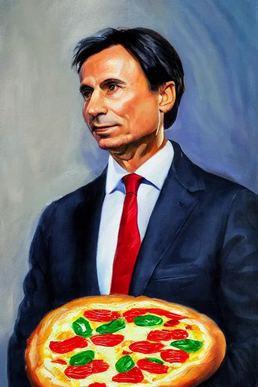 Prompt: oil painting, portrait of giuseppe conte, prime minister, holding a pizza, italian flag, futurist style