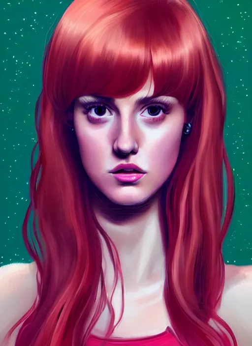 Image similar to full body portrait of teenage cheryl blossom, bangs, green eyes, sultry expression, red hair, sultry smirk, bangs and wavy hair, pink skirt, bangs, intricate, elegant, glowing lights, highly detailed, digital painting, artstation, concept art, smooth, sharp focus, illustration, art by wlop, mars ravelo and greg rutkowski