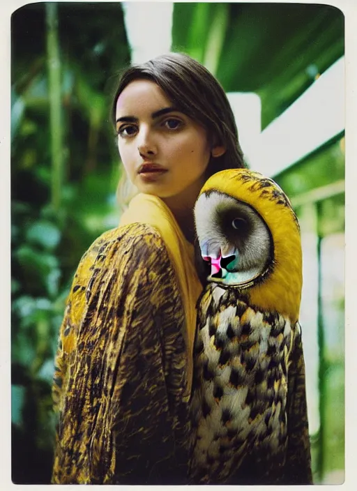 Image similar to grainy head to shoulder portrait Polaroid film photograph of Ana de Armas wearing a yellow kimono with a very detailed barn owl on her shoulder!!! in a tropical greenhouse. looking at the camera!!. super resolution. Extremely detailed. Polaroid 600 film. by Annie Leibovitz and Richard Avedon.