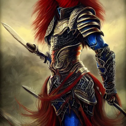Prompt: a gorgeously defined character with long red hair and immensly glowing eyes, wearing armor with blue baggy pants, surrealism art, portrait!!, intricately detailed, 4 k quality