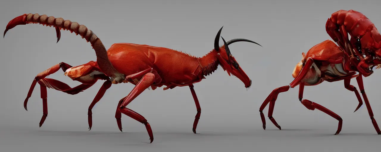 Image similar to creature design, an oryx gazelle with red crustacean carapace, fiddler crab claws, palp eyes, cryptid, cinematic lighting, octane render, cinematic aura lighting, atmospheric, photorealistic, hyperdetailed 3 d matte painting, hyperrealism, hyperrealistic