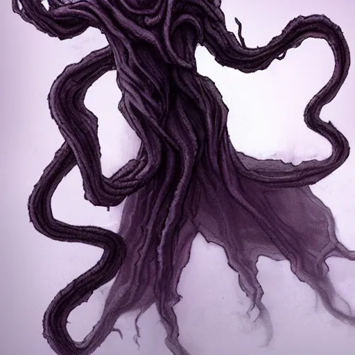 Prompt: concept designs for an ethereal wraith like figure made from dark wispy shadows with a squid like parasite latched onto its head and long tentacle arms that flow lazily but gracefully at its sides like a cloak while it floats around a frozen rocky tundra in the snow searching for lost souls and that hides amongst the shadows in the trees, this character has hydrokinesis and electrokinesis for the resident evil village video game franchise with inspiration from the franchise Bloodborne and the mind flayer from stranger things on netflix in the style of a marvel comic