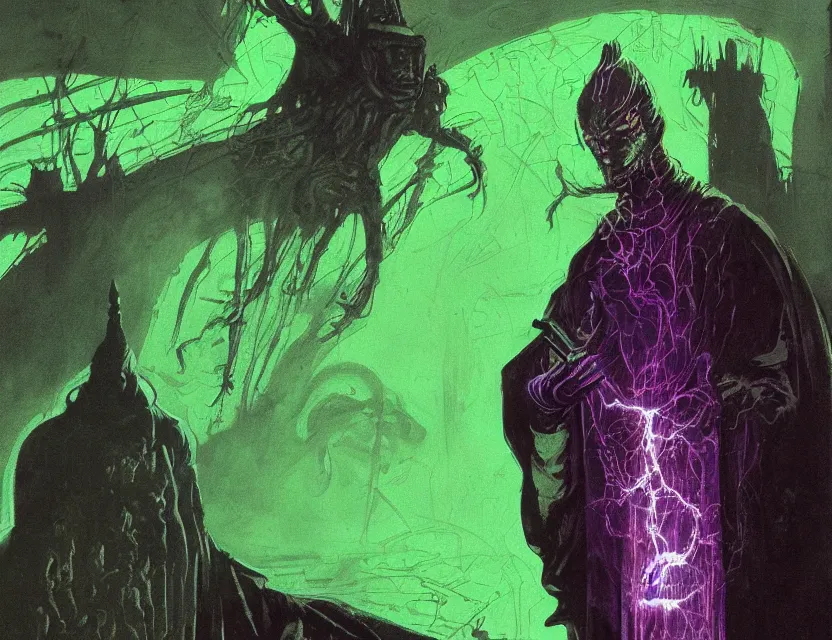 Prompt: a close - up view portrait of a silhouetted supernatural wizard in brutalist halls with metallic alien technology. close - up view, detailed textures. glowing green purple fog, dark black background. highly detailed fantasy science fiction painting by moebius, norman rockwell, frank frazetta, and syd mead. rich colors, high contrast