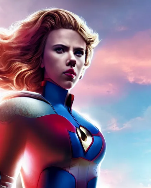 Image similar to scarlett johansson portraying a beautiful power girl from dc, beautiful scarlett johansson power girl, movie, hyper realistic, hollywood promotional image, imax, 8 k