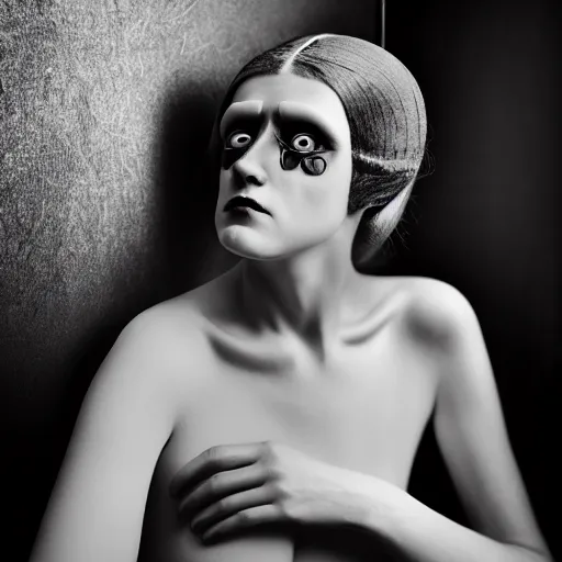 Image similar to old monochrom portrait photography of a beautiful cyclops girl with a single eye wearing a black dress, in a victorian interior, by man ray, alfred ghisoland, gemmy woud - binendijk, erwin olaf, 4 k,