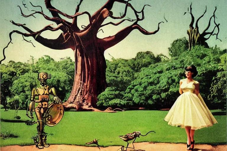 Image similar to 5 0 s pulp scifi illustration, elegant alien female strolls on lawn in beautiful extraterrestrial gardens, baobab tree, by norman rockwell, tom lowell, david curtis, frank schoonover