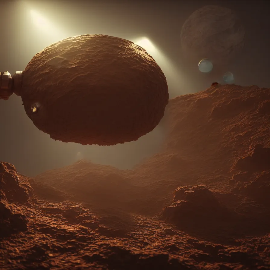 Image similar to mining device hooked to a planet's surface, volumetric light, dynamic lights and shadows, concept art, octane, redshift, detailed