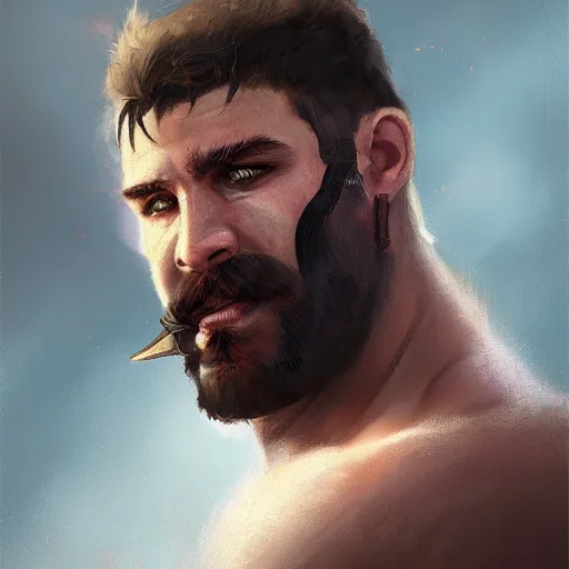 Image similar to portrait barbarian gladiator with trucker mustache and short hair, 8 k, trending on art station, by tooth wu and greg rutkowski