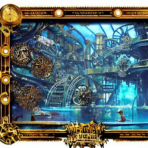 Prompt: mechanical waterpark with intricate clockwork gear structures and metal waterslides painting by brain froud, charles vess, cinematic lighting, epic composition, highly detailed