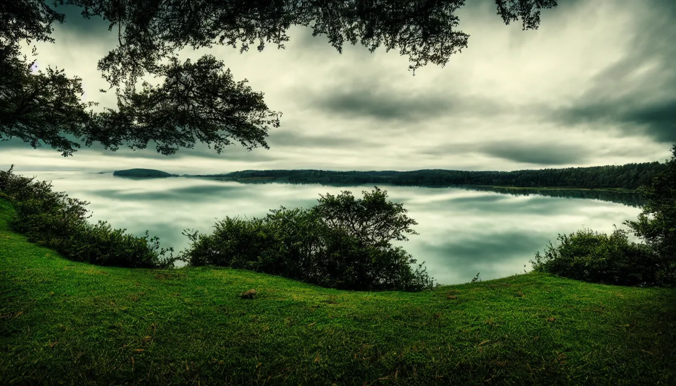 Prompt: wavy lakeshore view from grassy hill, cloud reflections, trees, nature, atmospheric, scary, claustrophobic, ambient vibe, very detailed, high resolution, 8 k
