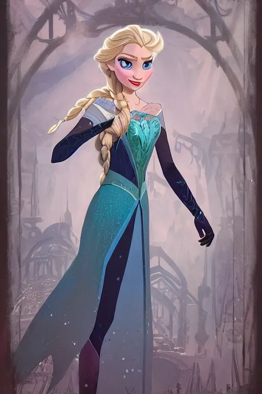 Prompt: elsa from frozen as steampunk half - cyborg, western gunslinger, high fantasy, dnd, smooth, sharp focus, illustration, highly detailed, digital painting, artstation, concept art, by disney animation, rossdraws, alphonse mucha, frank fanzzeta, collectible card art