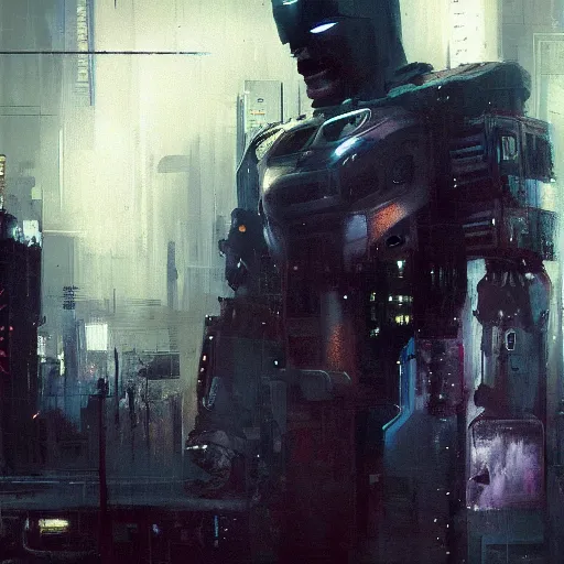 Prompt: cyberpunk robot batman painted by jeremy mann