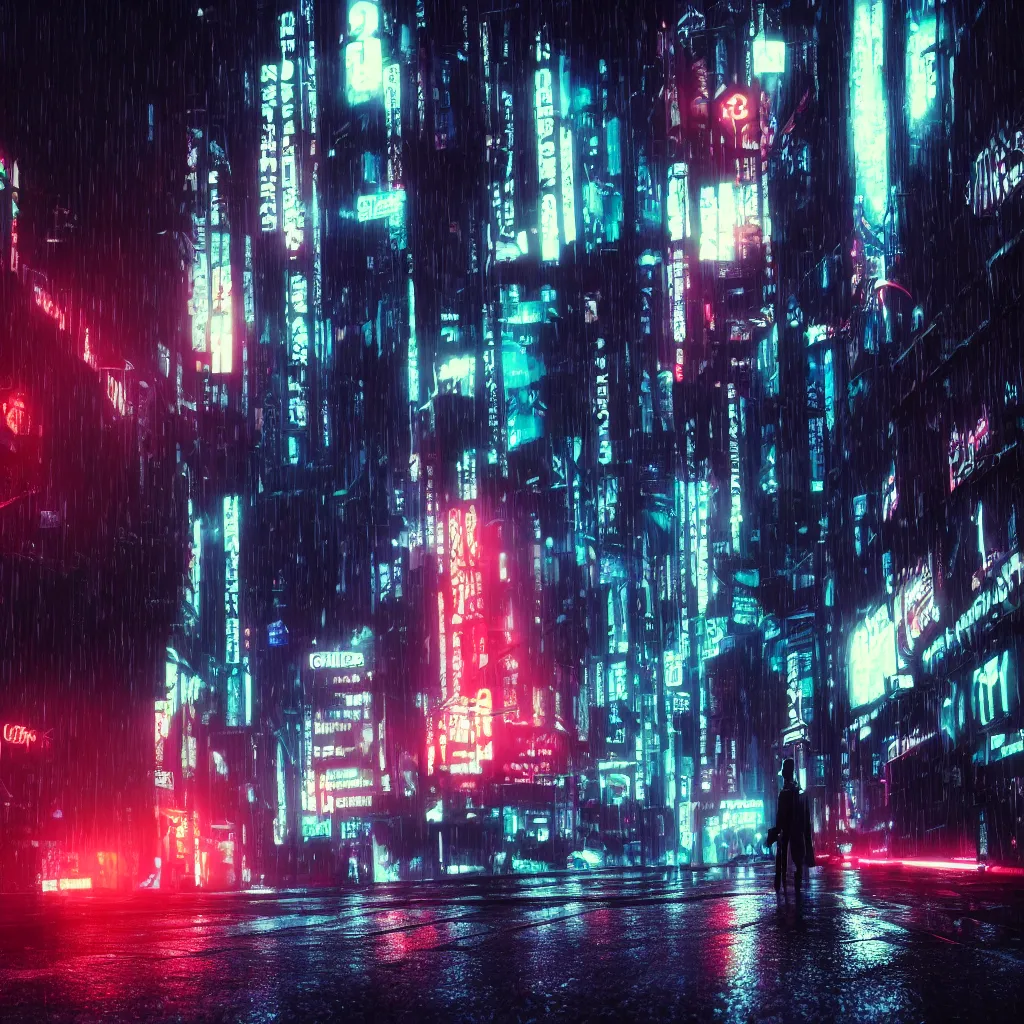 Prompt: dark city street in the rain, black cat standing in street, neon lights, cyberpunk, year 2 0 9 9, blade runner, octane render, 4 k