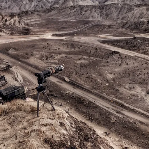 Prompt: Cinematic reverse aerial angle telephoto f2.8 iso 640 over the shoulder of a battle-worn survivor looking over a mid 1800s coal-mining town in the sweltering desert heat, crows in the sky. Photorealistic, award winning, ultra high resolution, intricate details, UHD 8K