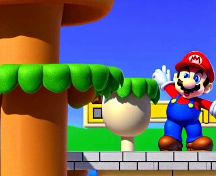 Image similar to still from a 3 d cartoon of ( ( super mario standing behind a podium in the mushroom kingdom, political ) ), 4 k, official screenshot, close - up