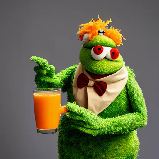 Prompt: portrait of muppet skin cloth danny devito as a muppet puppet in sesame street drinking a glass of orange juice, dlsr photo, studio lighting, sigma lens, rim light