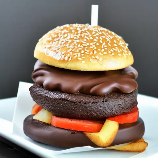 Prompt: chocolate cheeseburger with chocolate fries