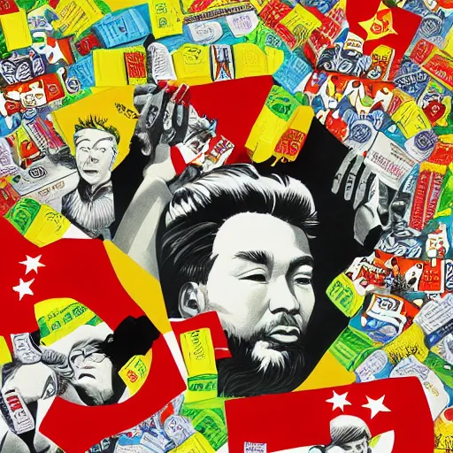 Image similar to a communist revolution in Candy Land, 1960s illustration, high quality, collage in the style of Klaus Voormann and Chinese Propaganda, album cover