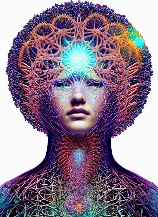 Prompt: ridiculously beautiful young woman tripping, coral fractals radiating from head with sacred geometry, 3 d, energy, natural, symmetrical, in the style of ernst haeckel, effervescent, warm, photo realistic, epic and cinematic,