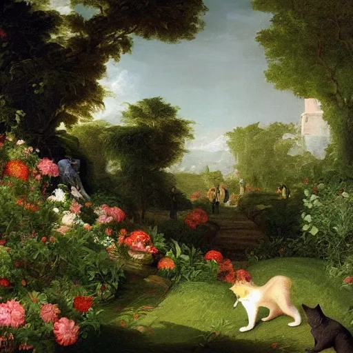 Image similar to a painting of a lush hedge garden filled with beautiful flowers and a cat gardener tending to some flowers by thomas cole