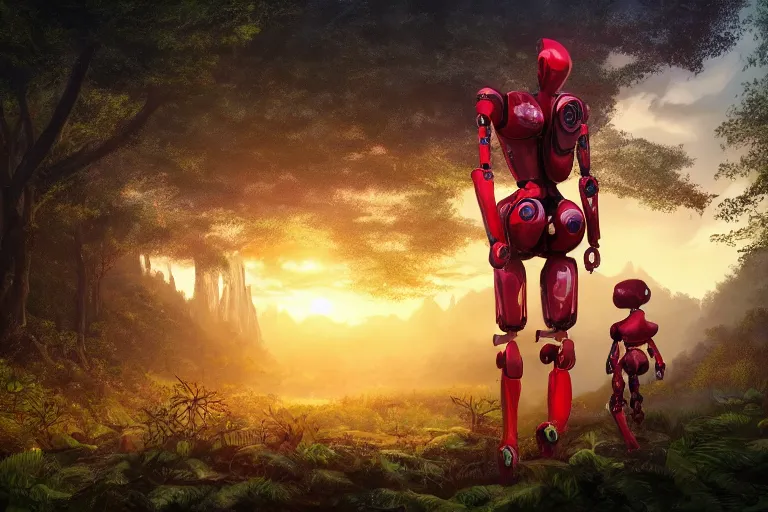 Prompt: gorgeous scarlet organic android robot walking throught the forest during a beautiful sunset, jungle mountains in the background with immense trees, highly detailed, trending on art station, flying birds in the distance