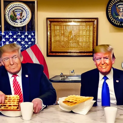 Image similar to photograph of trump and Biden sitting and eating breakfast at a Wafflehouse