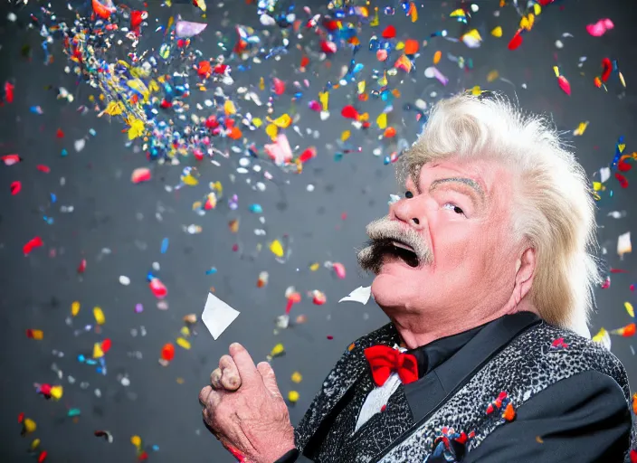 Image similar to photo still of rip taylor at a burial!!!!!!!! at age 5 4 years old 5 4 years of age!!!!!!! throwing confetti from a bucket, 8 k, 8 5 mm f 1. 8, studio lighting, rim light, right side key light