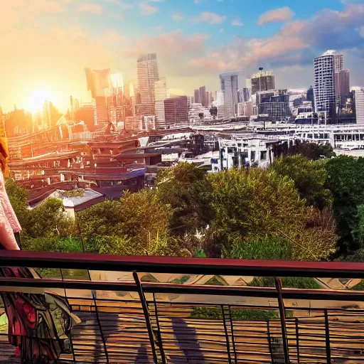 Image similar to a woman on a balcony leaning on the rail overlooking an overgrown city at sunset, digital art, colorful, scenic, powerful