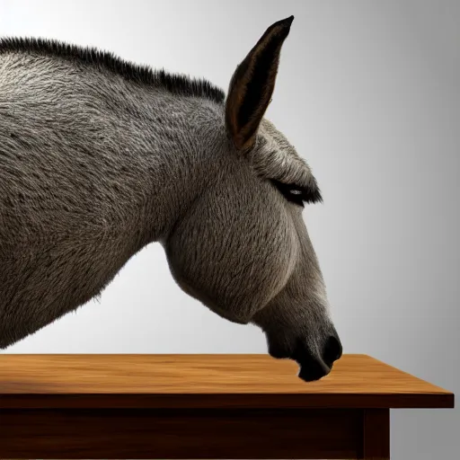 Prompt: a donkey on a table, 4 k, very realistic, photorealistic, very detailed, volumetric lighting