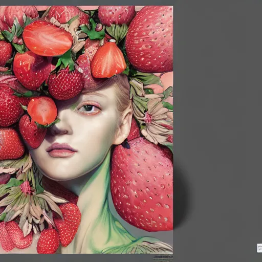 Image similar to the portrait of an absurdly beautiful, graceful, elegant, sophisticated woman made of strawberries and green petals, an ultrafine hyperdetailed illustration by kim jung gi, irakli nadar, romanticism, intricate linework, bright colors, octopath traveler, final fantasy, unreal engine 5 highly rendered, global illumination, radiant light, detailed and intricate environment