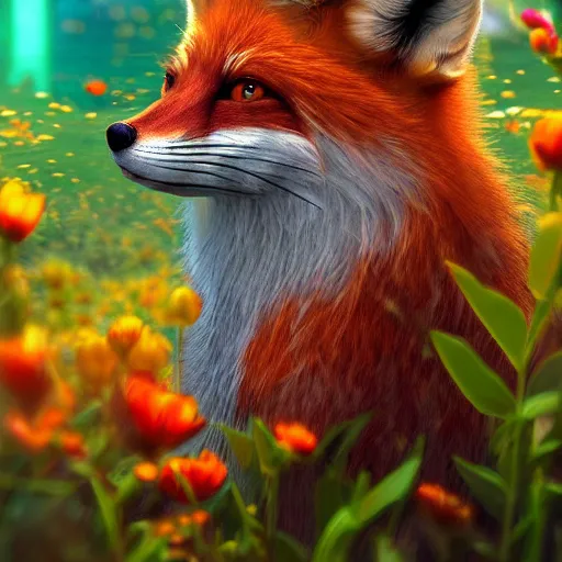 Image similar to Photorealistic magical fox with flowers. Hyperdetailed photorealism, 108 megapixels, amazing depth, glowing rich colors, powerful imagery, psychedelic Overtones, 3D finalrender, 3d shading, cinematic lighting, artstation concept art