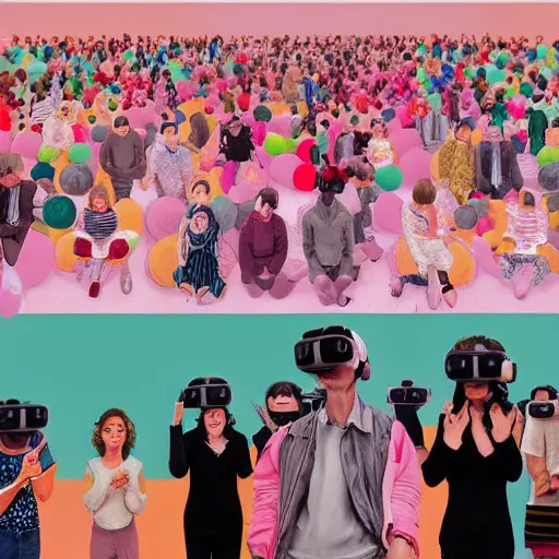 Image similar to A fine art painting of a group of people in a room full of spheres, the people are wearing pale pink clothing and each wearing a Vr headset. Each person is connected to another person by a rainbow that emits from each Vr headset. In the style of Wes Anderson and Biblical paintings