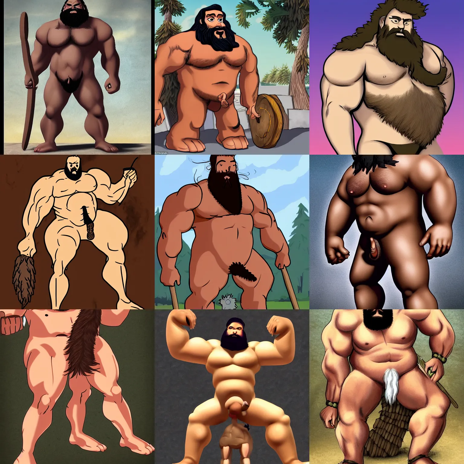 Prompt: very hairy strongman centaur with a big beard and a thick body in a plain with human males worshipping him