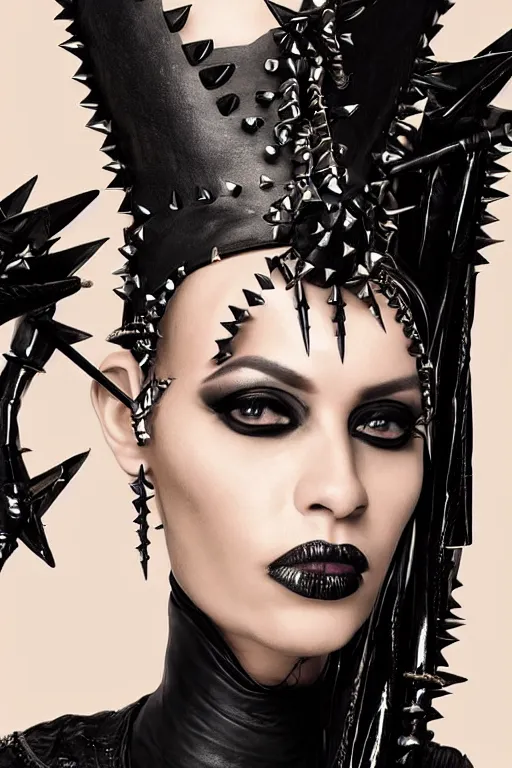 Prompt: an african woman in a black leather outfit with spikes on her head, a high fashion character portrait by christen dalsgaard, featured on behance, gothic art, androgynous, genderless, gothic