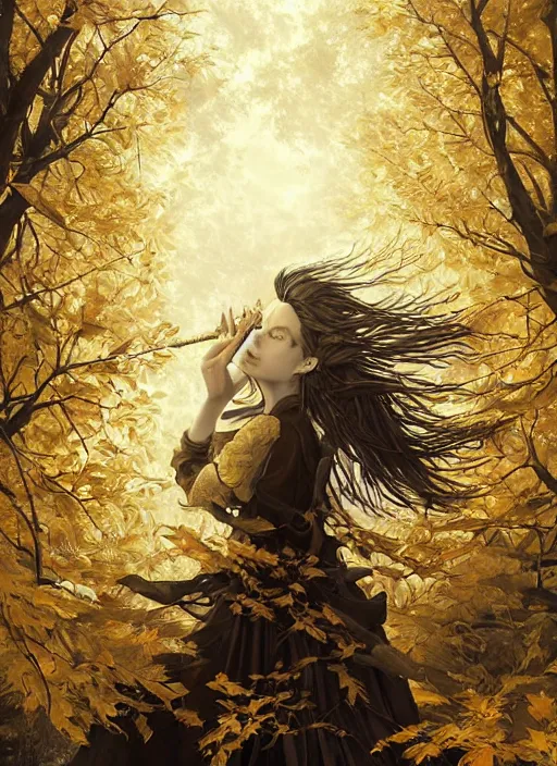 Image similar to golden leaves at frame border, creative!!! composition for a book cover, absurdly beautiful, ultrafine hyperrealistic detailed witch face by wlop and artgerm and greg rutkowski, intricate linework, sharp focus, smooth, octopath traveler, final fantasy, unreal engine, dramatic lighting, ethereal, 8 k