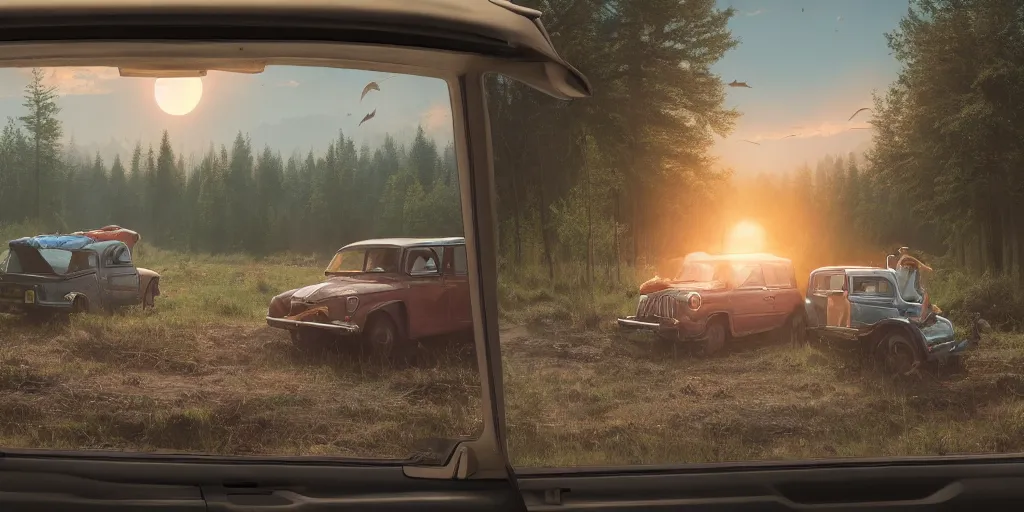 Image similar to looking out a car dash window to see two women camping, elegant scene, low angle, wide angle, indian forest, wide angle, cinematic, ultrarealistic, trending on artstation, cgsociety, highly detailed, color graded, rendered in unreal engine 4 k hq, matte painting, by simon stalenhag and hudson river school, horizon forbidden west