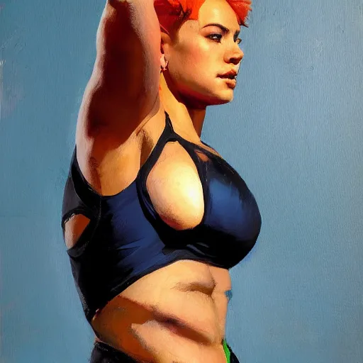 Image similar to greg manchess portrait of weightlifter zarya from overwatch, medium shot, asymmetrical, profile picture, organic painting, sunny day, matte painting, bold shapes, hard edges, street art, trending on artstation, by huang guangjian and gil elvgren and sachin teng