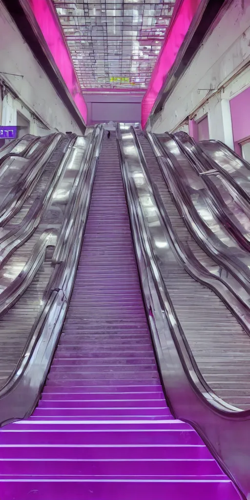 Prompt: 1980s magazine photo of an individual escalator in an abandoned mall with pink walls, with interior potted palm trees, decaying dappled sunlight through a sunroof, cool purple lighting, dark hallways, high contrast