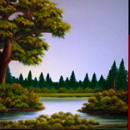Prompt: Bob Ross drawing a forest with a lake