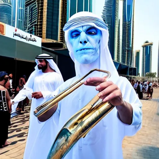 Prompt: a white walker playing a trombone in dubai